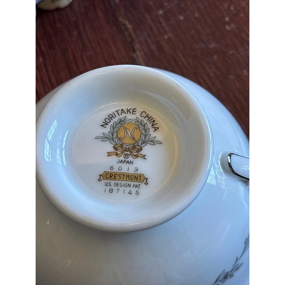 Noritake Crestmont 6013 Teacup and Saucer Set Grey Floral Platinum Trim Japan